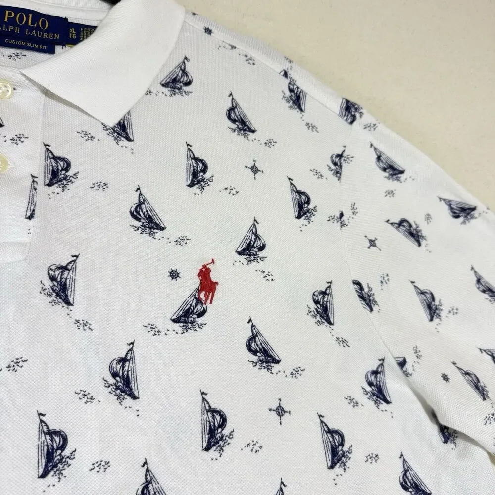 POLO RALPH LAUREN Men XL Custom Slim Fit White Blue Sailboats Polo Shirt